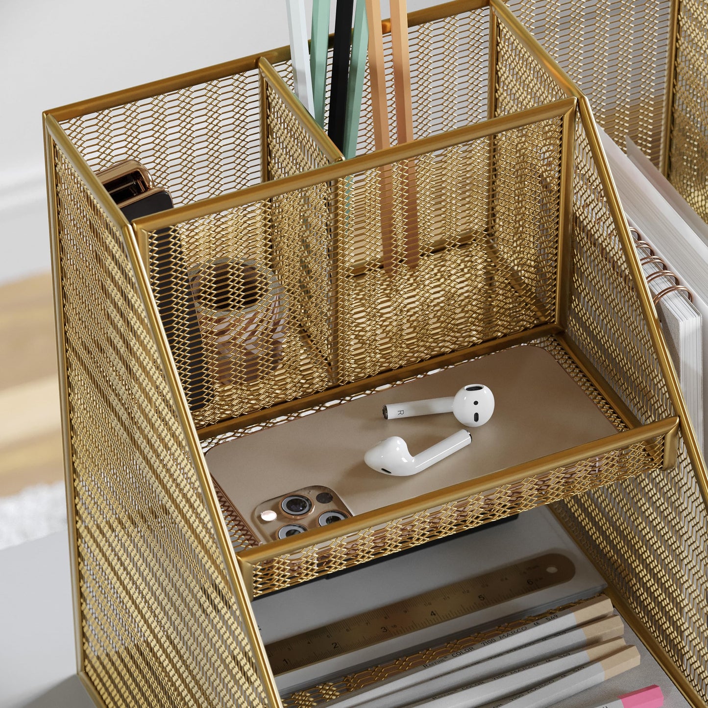 Martha Stewart Ryder Gold Mesh Metal Large Desktop Organizer with Magazine File Holder, Pen Holder, and Storage
