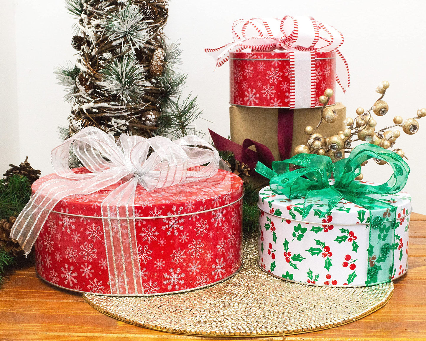 Steel Mill & Co Tin Containers with Lids, 3 Pack Christmas Cookie Tins, Festive Cookie Tins for Gift Giving & Holiday Treats, Round Metal Nesting Containers, Large Medium Small, Snowflake & Holly