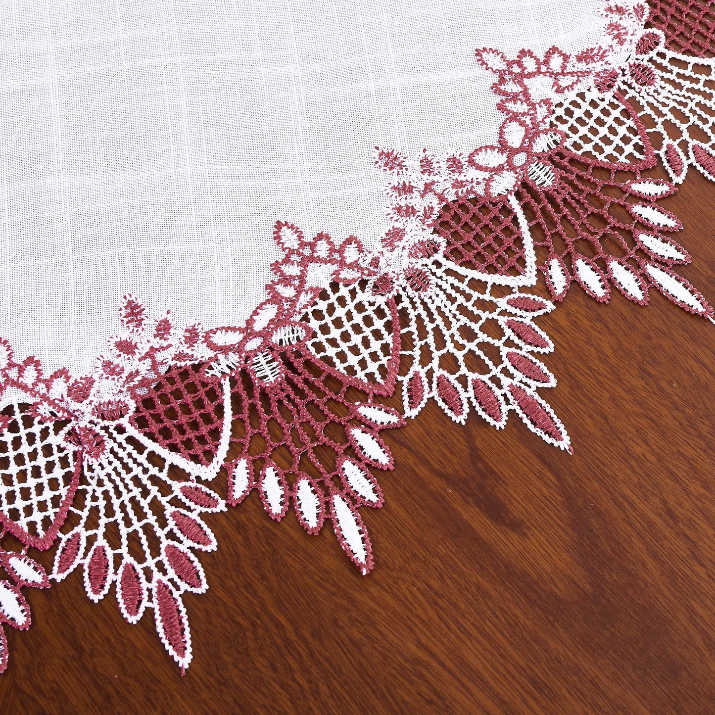 Raedan White Dark Red Linen Lace Doily 33 inches Round Coffee Table Topper Dresser Scarf Place Mats (Dark Red, 33” Round)