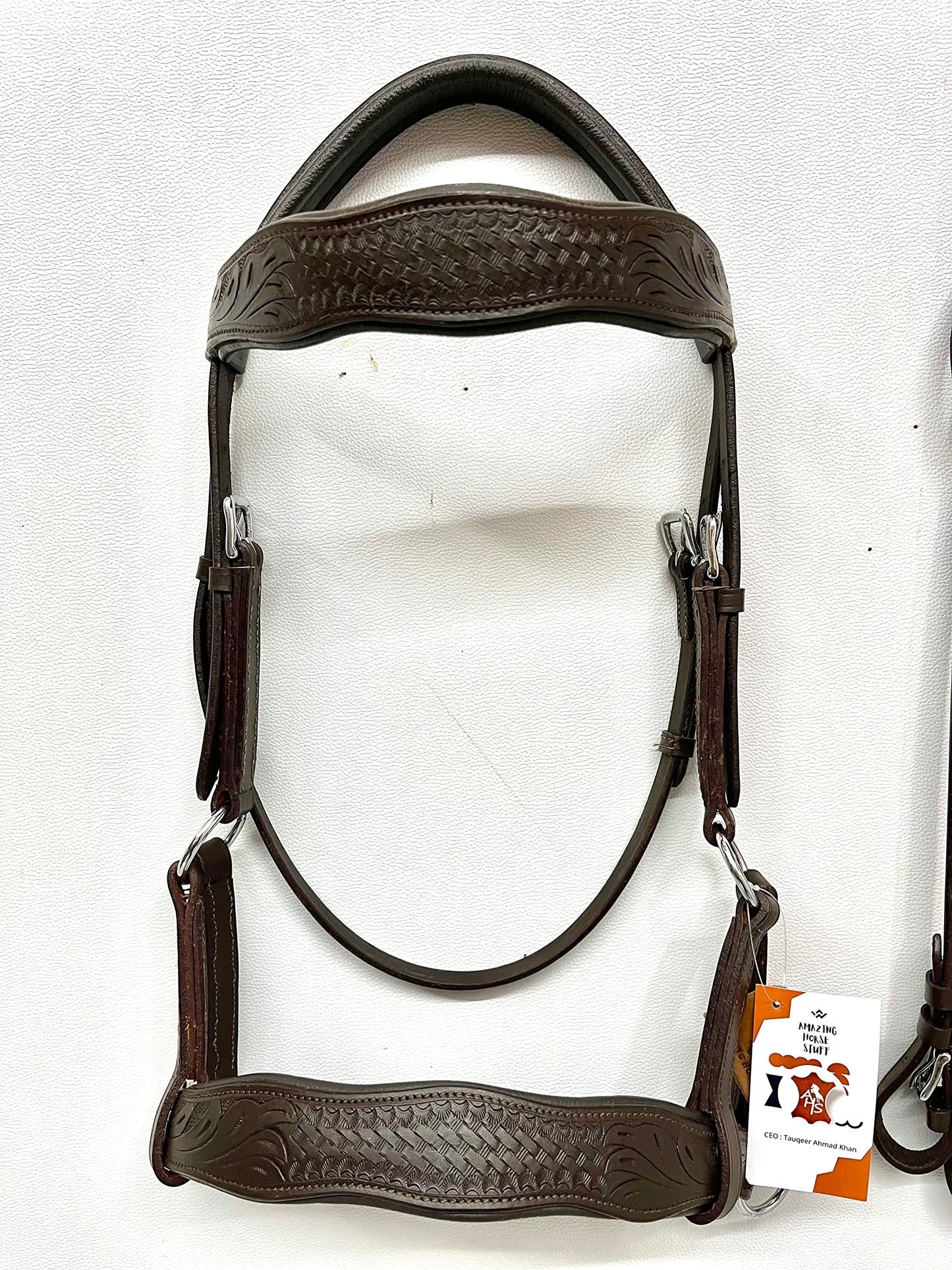 AMAZING HORSE STUFF Sidepull Bitless Bridle with Designer Hand Carving On Brow & Noseband Curved Shaped Brown (Full, Cob, Pony) (Pony)