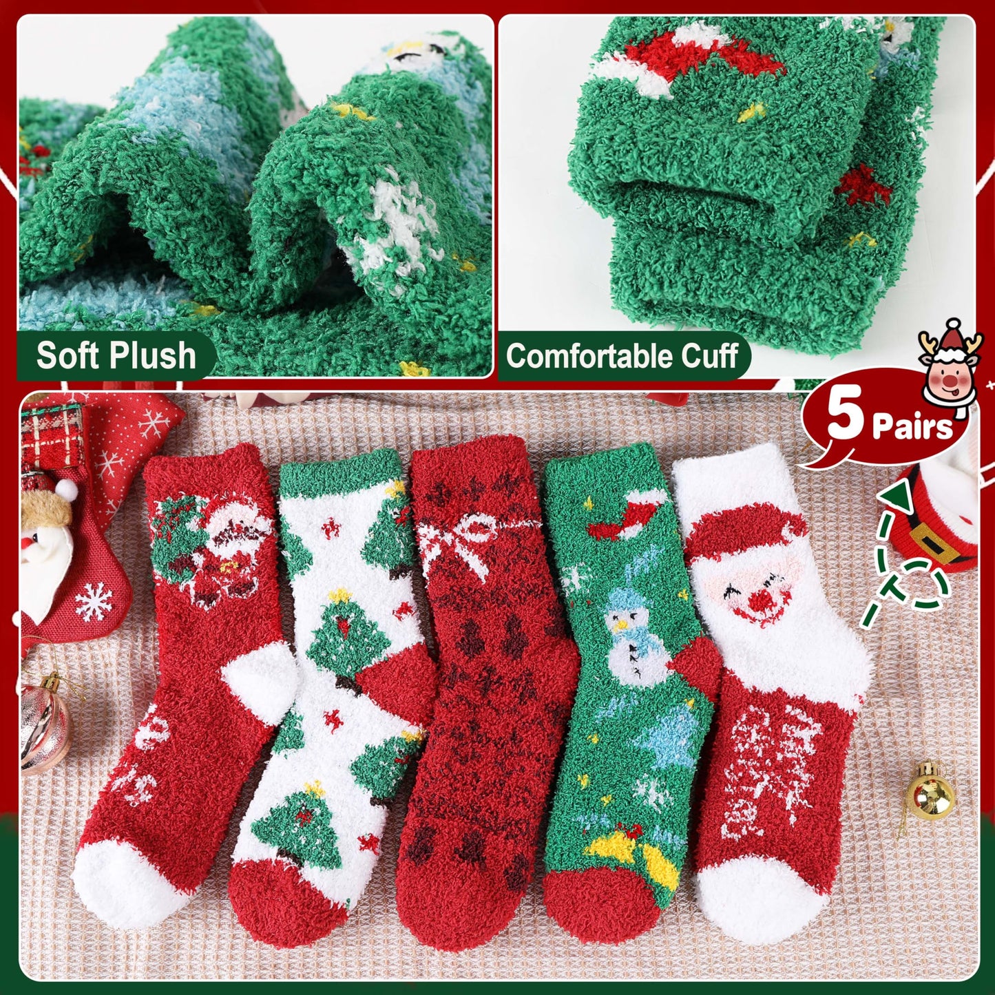 ProEtrade Fuzzy Socks for Women Teen Girls Fluffy Cozy Christmas Gift Cabin Holiday Winter Warm Fleece Thick Comfy Home Plush Cute Snowman Fun Soft Socks Stocking Stuffer(Santa Claus,M)