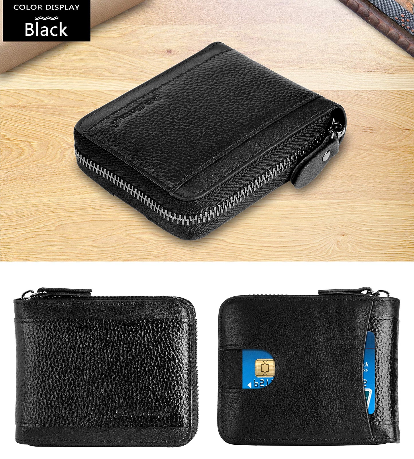 RFID Wallet for Men Leather Zip Wallet Bifold Card Holder Purse with Zipper Coin Pocket(Black-21)