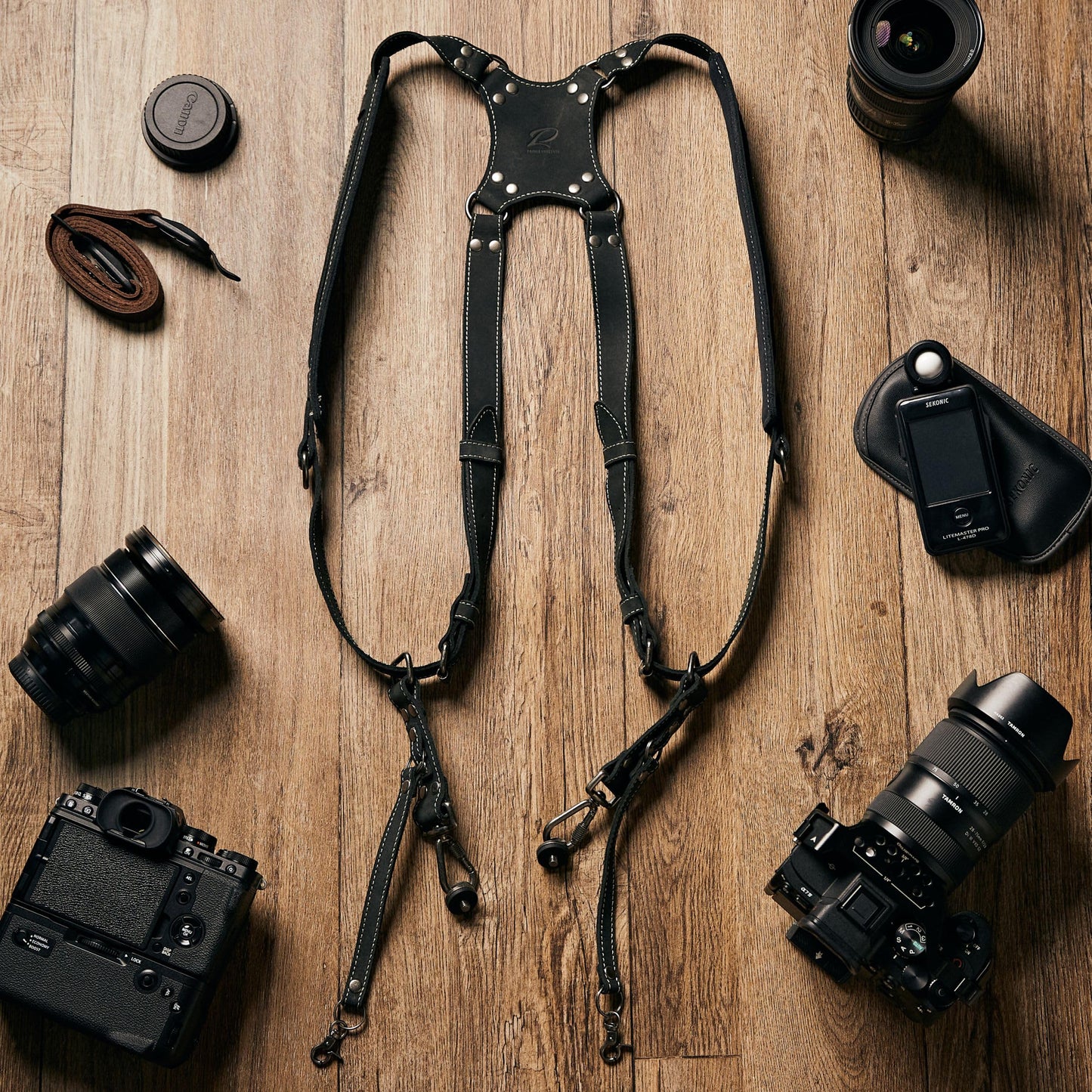 Padwa Lifestyle Black Frosted Dual Camera Harness Strap with Padded for Two Cameras -Full Grain Leather Dual Camera Harness,Multi Camera Gear for DSLR/SLR Strap,Double Camera Harness for Photographers