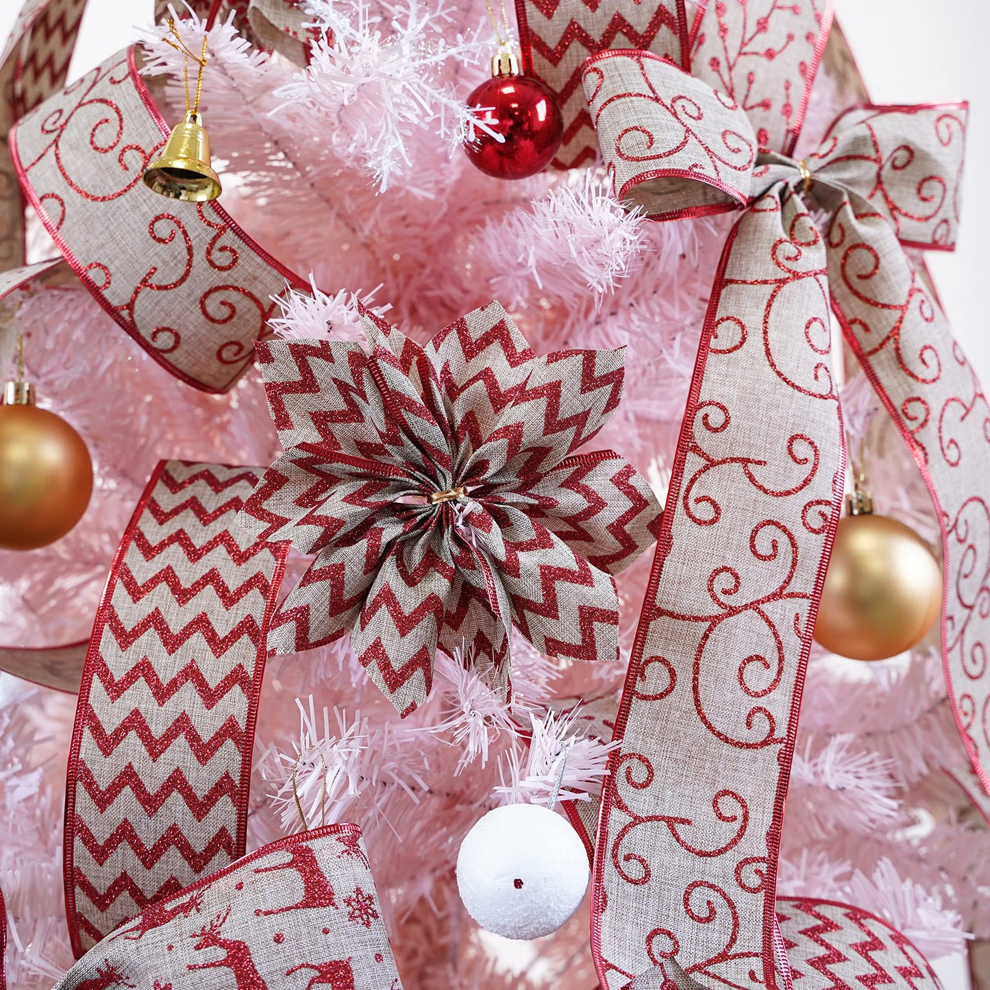 MEEDEE Christmas Ribbon Set 2.5 Inch, 6 Rolls 36 Yards, Wired Burlap and Red Glitter Ribbon for Tree Decorations, Wreath Bows, Garland Decor