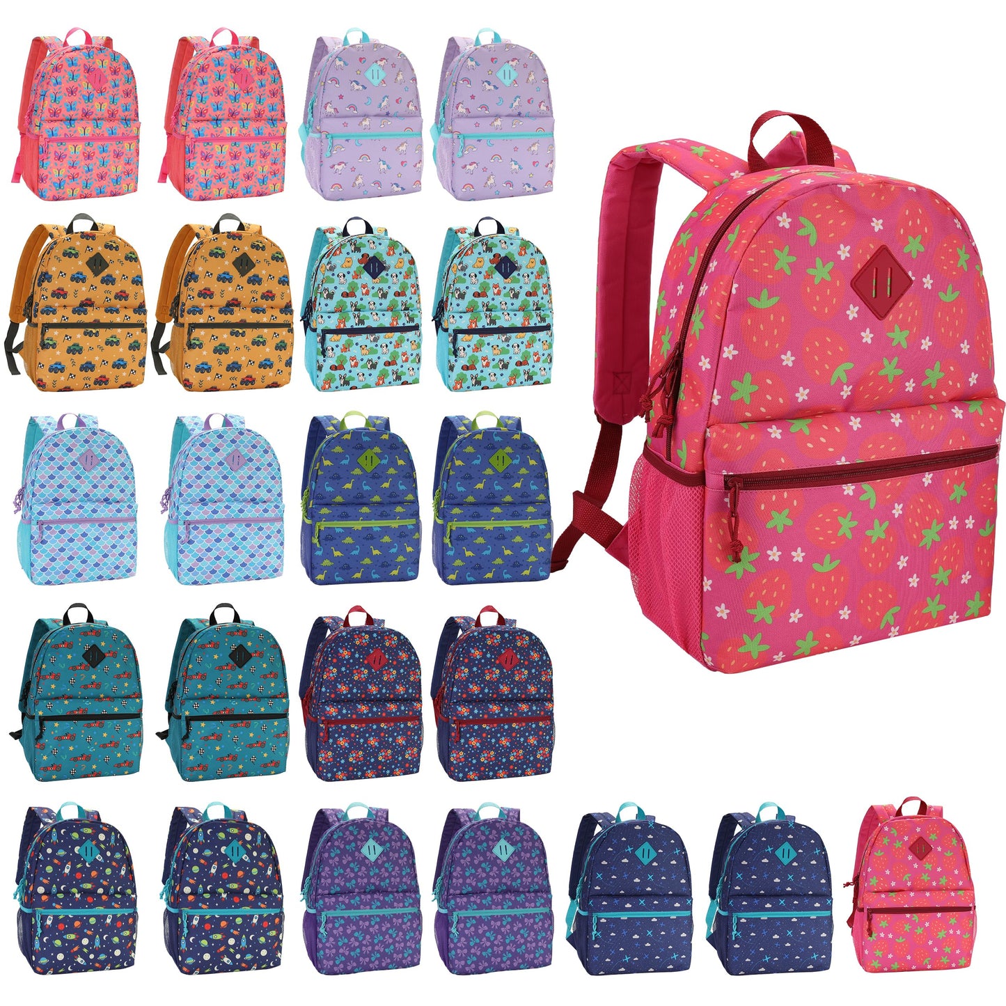 SUPRANICE 24-Pack 17" Elementary Bulk Backpacks for School, Bulk Printed Bookbags for Boys and Girls Ages 5-11, Assorted Prints for School Drives, Donations, and Giveaways
