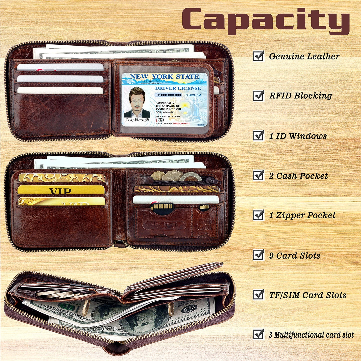 Admetus Men's Genuine Leather Short Zip-around Bifold Wallet (brown)