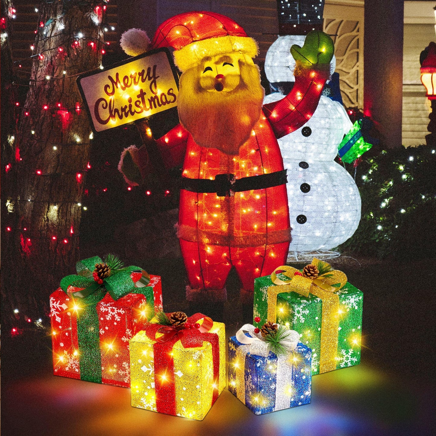 Set of 4 Christmas Lighted Gift Boxes with Plug, Pre-lit LED Light Up Present Boxes for Xmas Tree Porch Decor, Christmas Decorations Indoor Outdoor