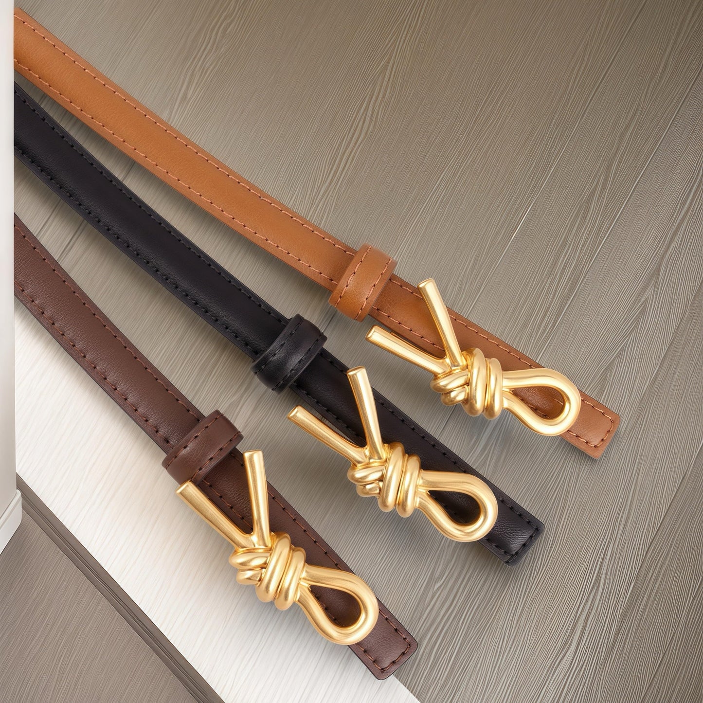 Skinny Leather Belt with Gold Bow Knot Buckle, Black, Dress Belt for Women (Black)