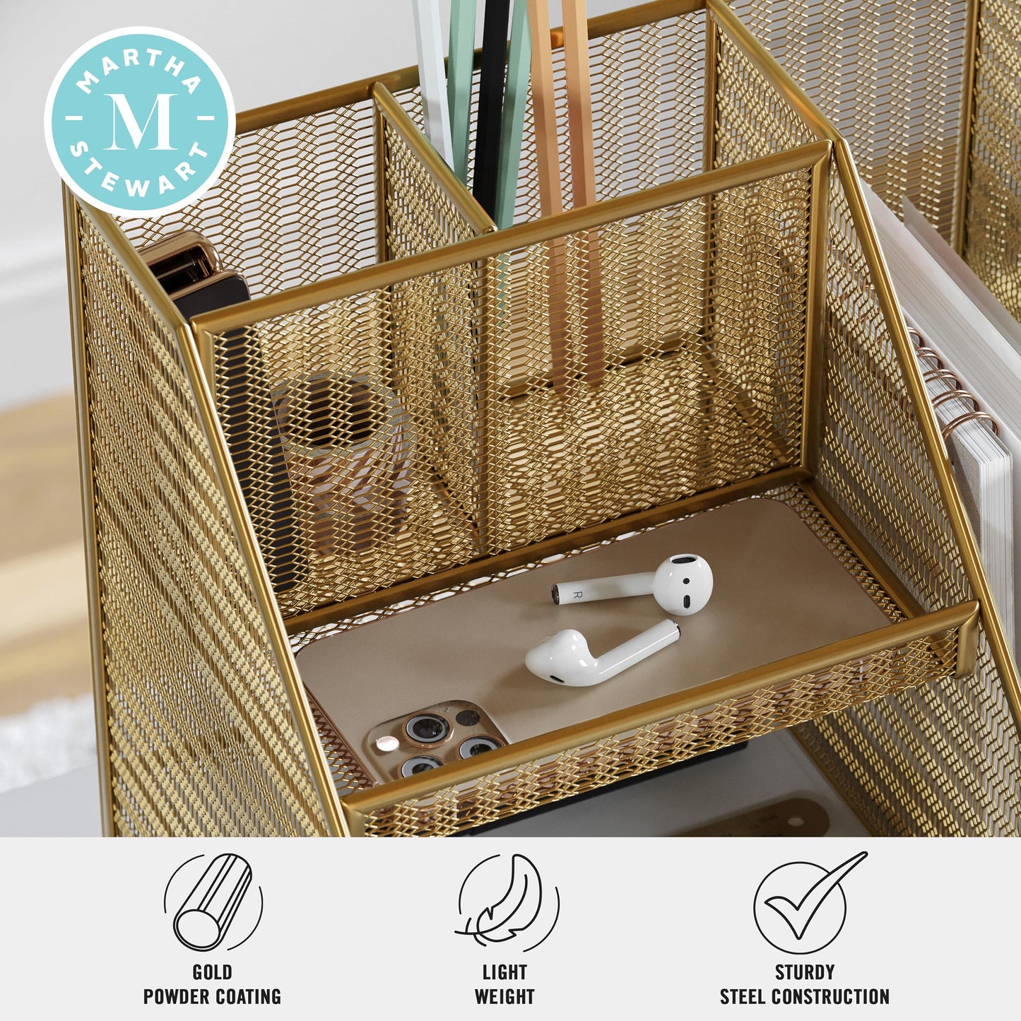 Martha Stewart Ryder Gold Mesh Metal Large Desktop Organizer with Magazine File Holder, Pen Holder, and Storage