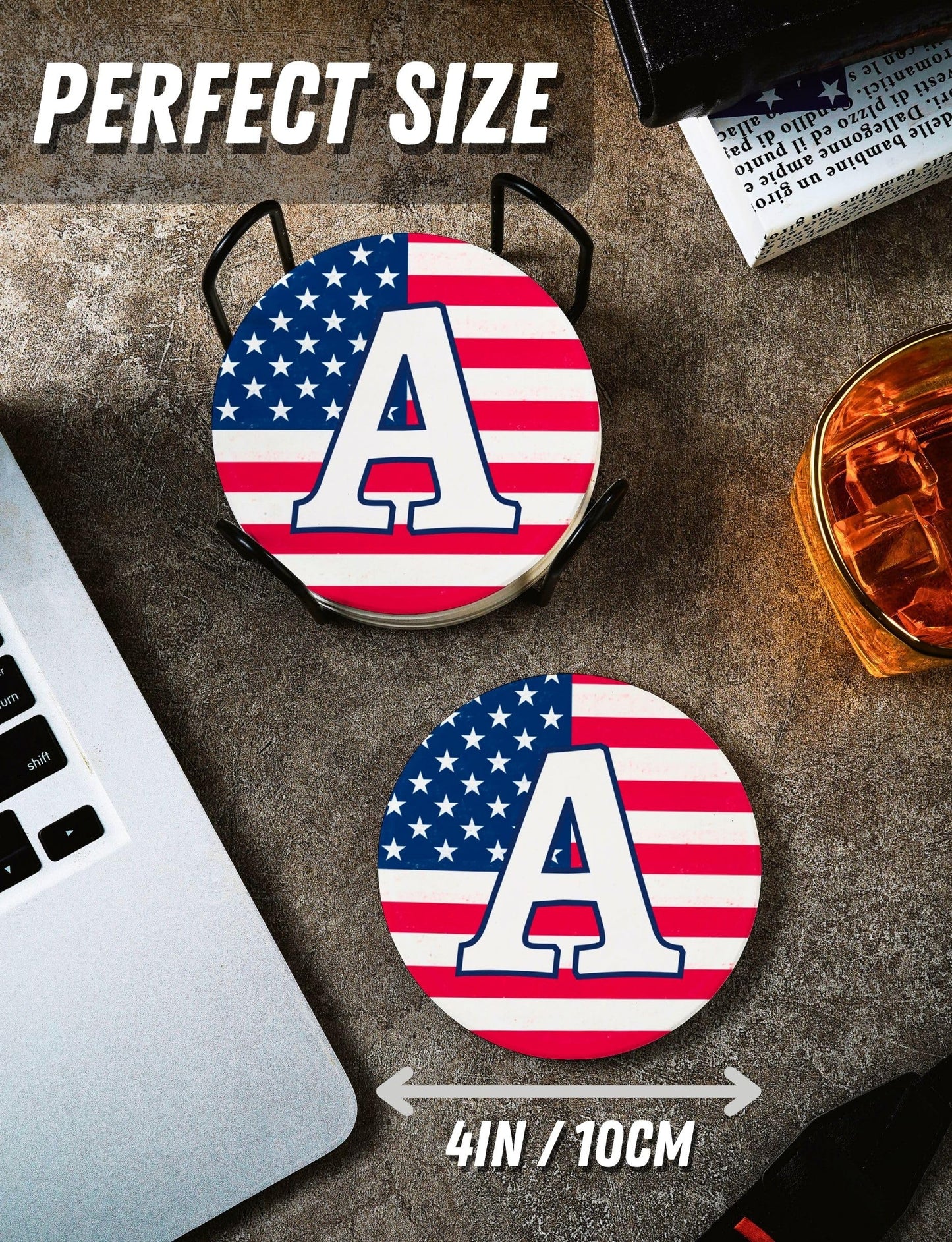 Onebttl Monogram Initial Gifts - Patriotic American Flag Ceramic Coaster Set of 6 - with Holder and Absorbent Cork Base - S