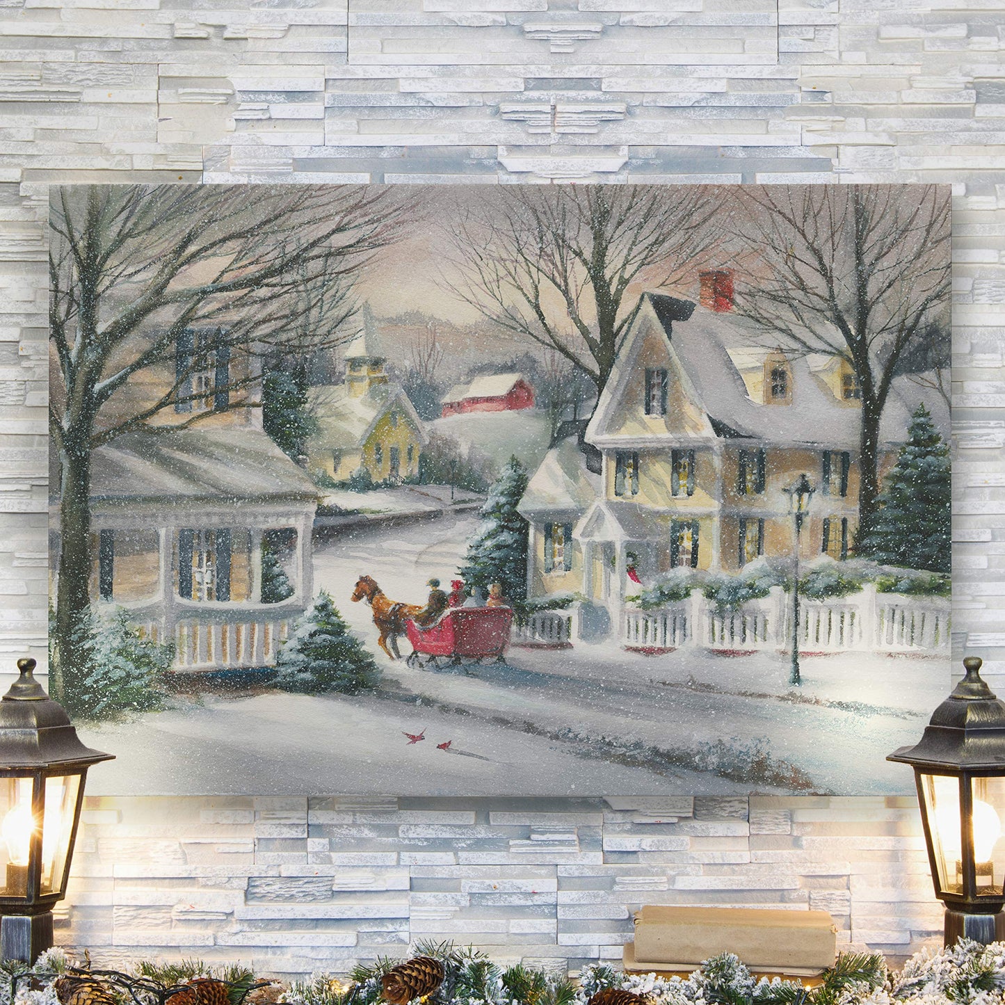 Renditions Gallery Canvas Wall Art Paintings for Home Decorations Snowy Village Sleigh Ride Wall Hanging Abstract Prints for Bedroom Dining Living Room Office Home Kitchen Wall Decor - 32"X48" LT18