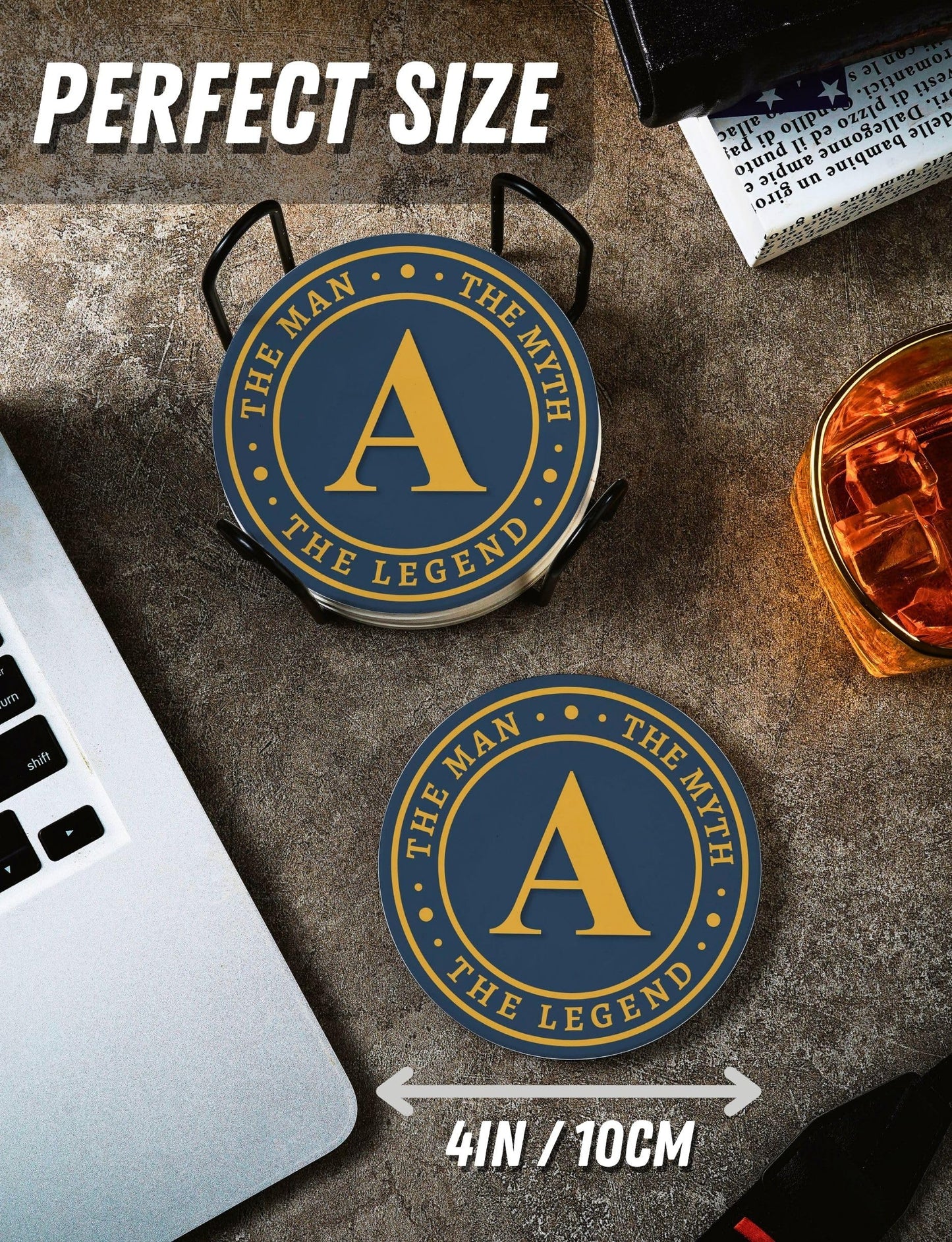Onebttl Monogram Initial Gifts for Men - The Man The Myth The Legend Ceramic Coaster Set of 6 - with Holder and Absorbent Cork Base - B