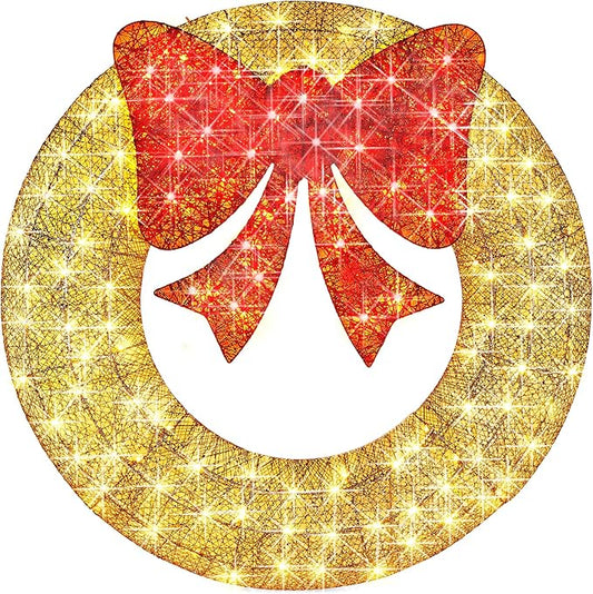 Best Choice Products 36in Pre-Lit Outdoor Christmas Wreath Decoration, LED Metal Holiday Decor for Home w/ 120 Lights, Bow - Gold/Red