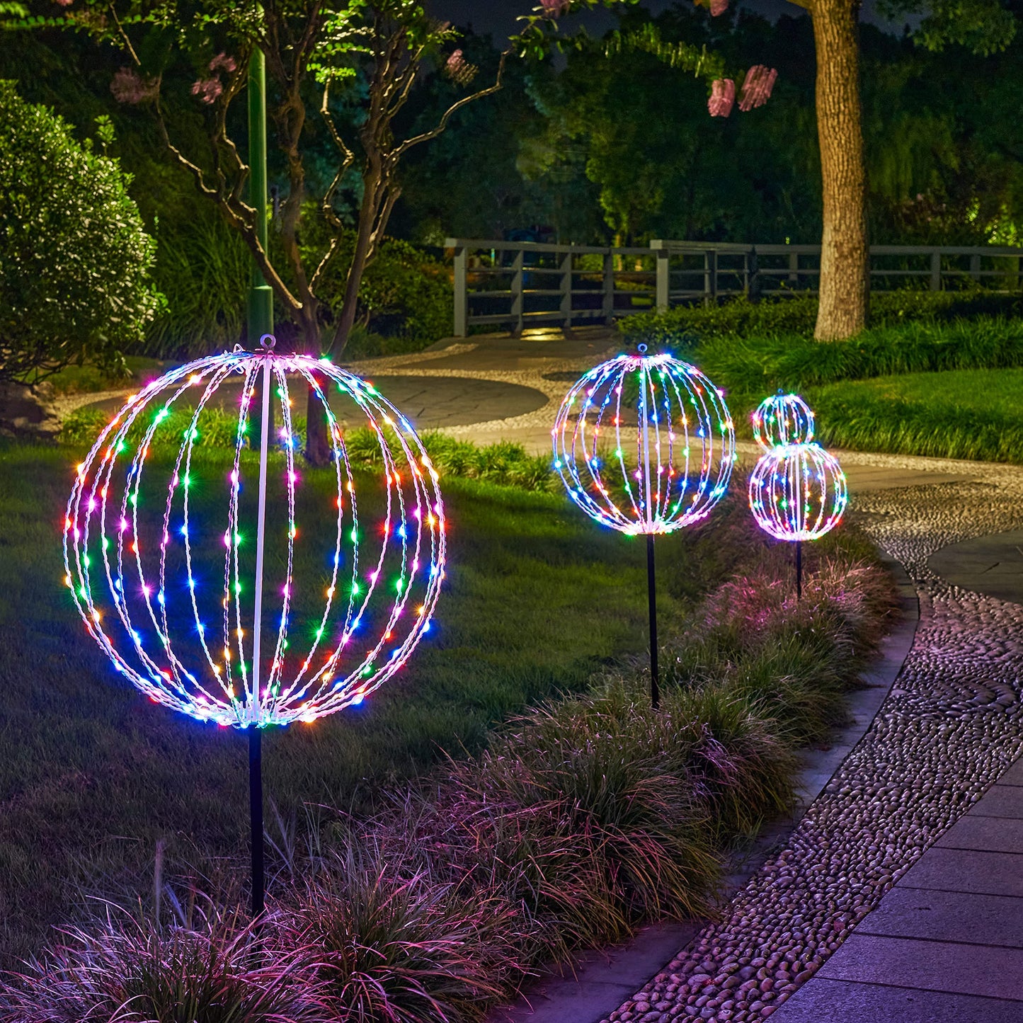 LIGHTSHARE 10IN 48LED Light Ball Yard Decoration Pathway Lights Sphere with Remote Control Fold Flat Metal Frame Indoor Outdoor Waterproof Garden TJQ25B-RGB Brown Frame / RGB 10''
