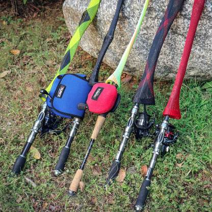 RUNCL Spinning Rod Socks, Fishing Rod Sleeves, Fishing Pole Sleeves (Red&Black, 2pcs) & Spinning Reel Bags, Fishing Reel Covers (2pcs)