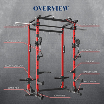 Smith Machine, 5 in 1 Heavy-Duty Squat Rack with Cable Crossover, All-in-One Home Gym Power Rack for Full-Body, Dual 1:1 Pulley System