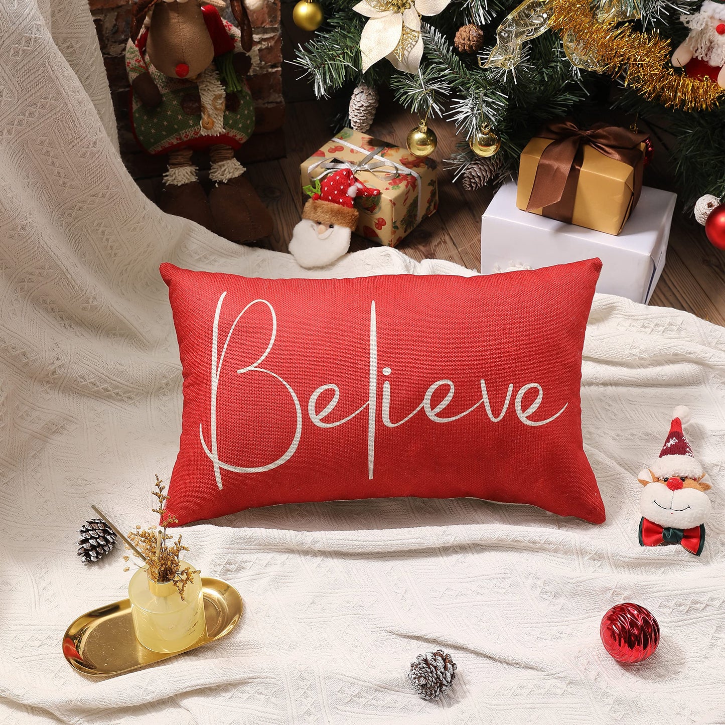 DFXSZ Christmas Throw Pillow Covers 12x20 Inch Set of 2 Merry Christmas Farmhouse Decorations Believe Holiday Decor Throw Cushion Case for Home Couch