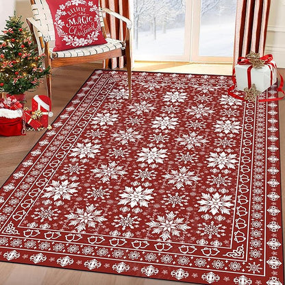 4' X 6' Christmas Rug Snowflake Area Rugs for Living Room Bedroom Dining Room Nursery Dorm Plaid Mat Washable for Kids Girls Women Xmas Carpet Floor Pad Doormat Winter