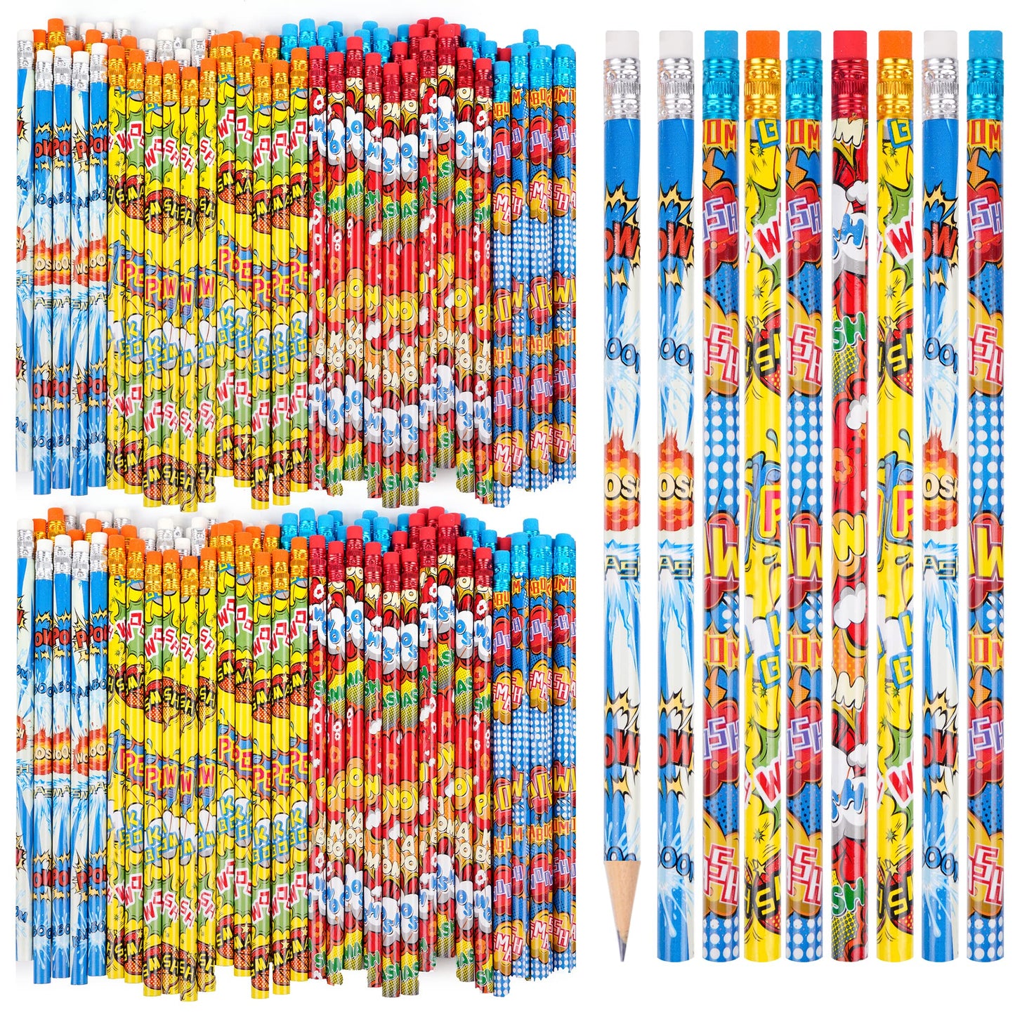 Kolewo4ever 200 Pieces Hero Text Pencils Cylinder Wood Pencils Pow Snap Wham Bang Elements Pencil 4 Style Assorted Students Pencil for Classroom Rewards Carnival Prizes