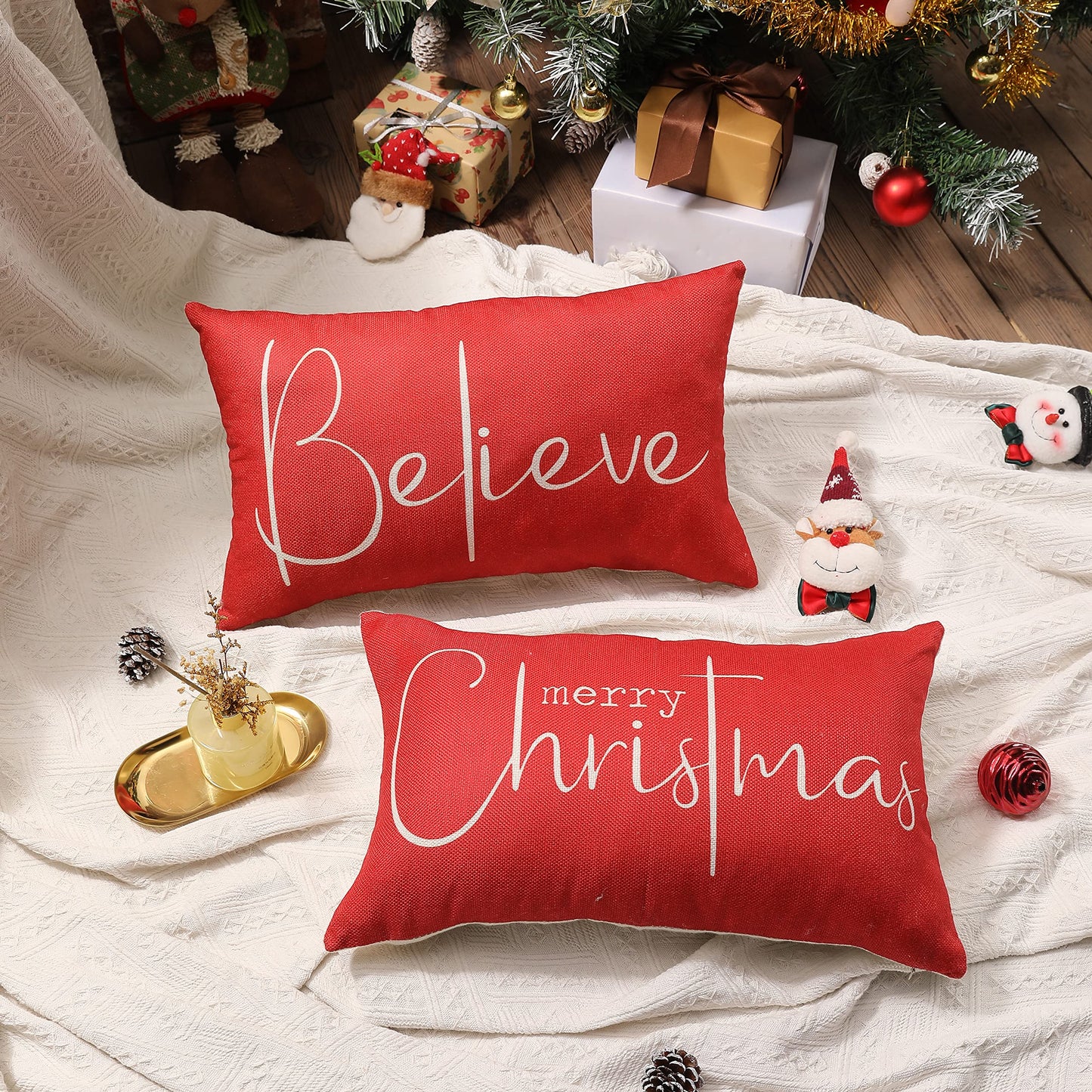 DFXSZ Christmas Throw Pillow Covers 12x20 Inch Set of 2 Merry Christmas Farmhouse Decorations Believe Holiday Decor Throw Cushion Case for Home Couch