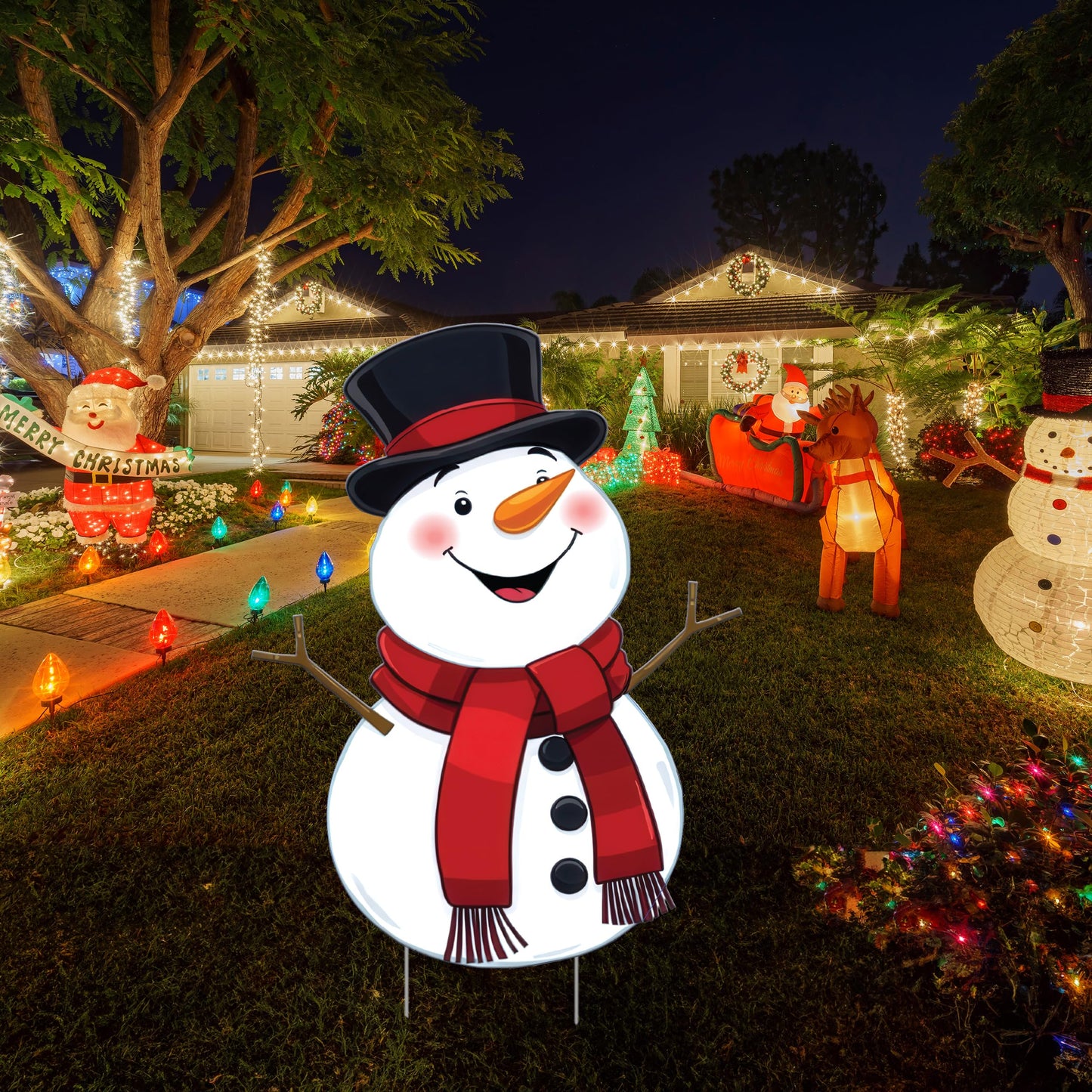 Christmas Snowman Classic Yard Sign for Home Decor and Lawn Decoration With Stakes, Green Merry Christmas Sign Tree Snow Man 3