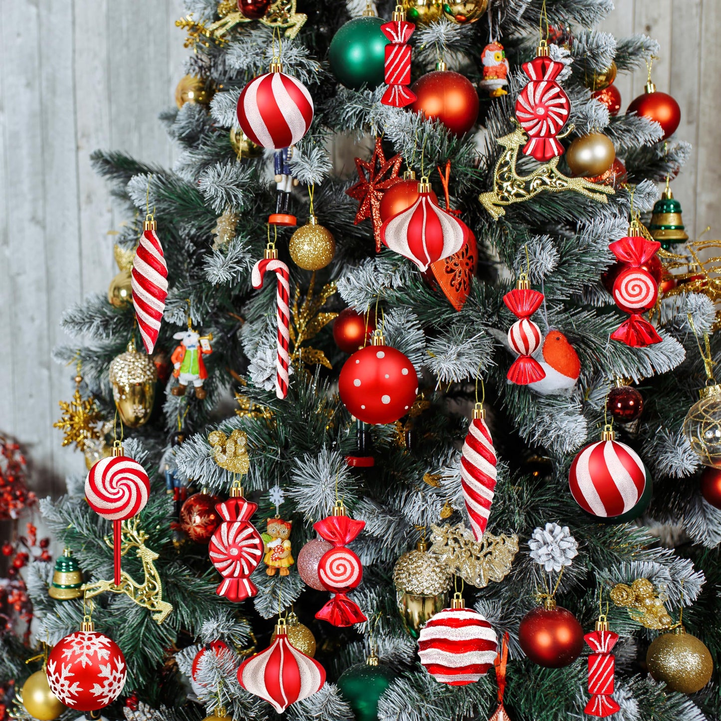 Christmas Ornaments Candy Lollipop Set -48Pcs for Xmas Tree Decoration Hanging Plastic Gloss Candy Canes Ball Pendants for New Year Home Decor Party Supplies (Red)