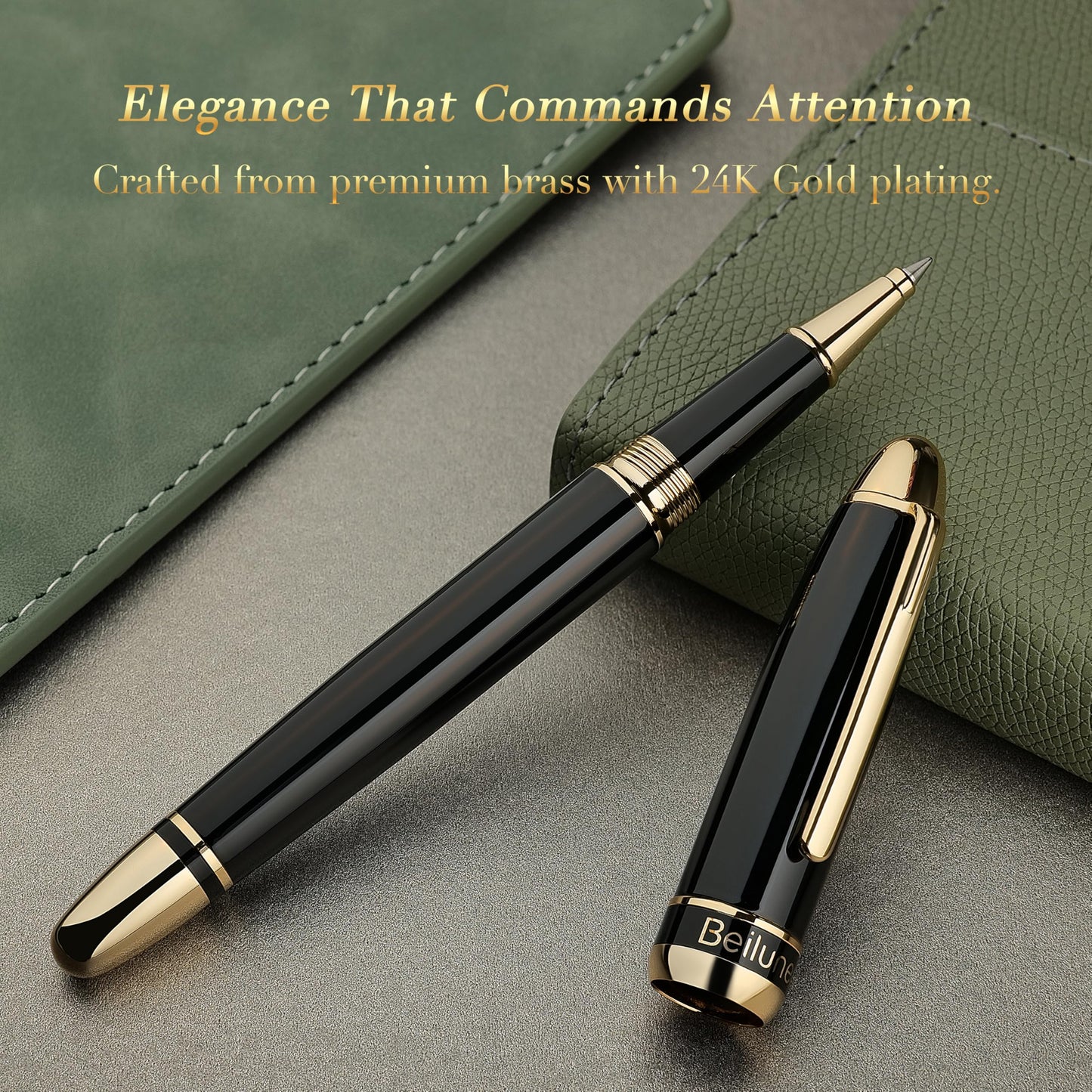 BEILUNER 315 Luxury Rollerball Pen, with 24K Gold Finish, Black Piano Lacquer, Luxury Grade Craftsmanship, Best Pen Gift Set for Men and Women, Professional, Executive, Office, Fancy, Nice Pens