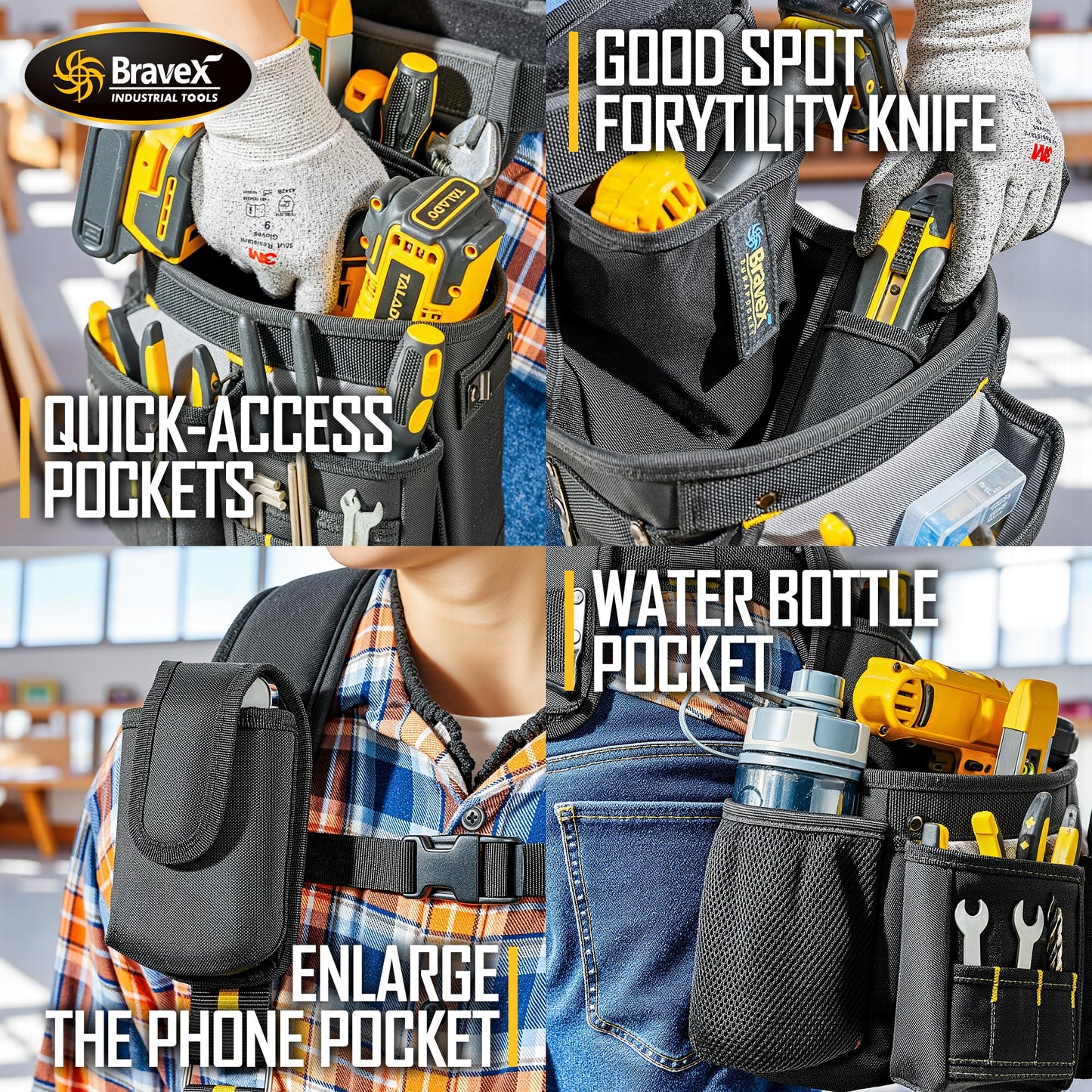 Bravex Tool Belt Suspenders, Tool Vest Pro Ultra 20 Bags H-Style Toolbelt 5 Combo Apron Tool Pouch For Framers Carpenter Electrician 1200D Ballistic Nylon