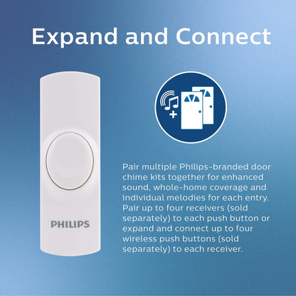 Philips Wireless Doorbell Kit, Plug-In Reciever, 2 Push Buttons, 8 Melodies, 4 Volume Levels, 150 Ft Range, White, DES2280W/27