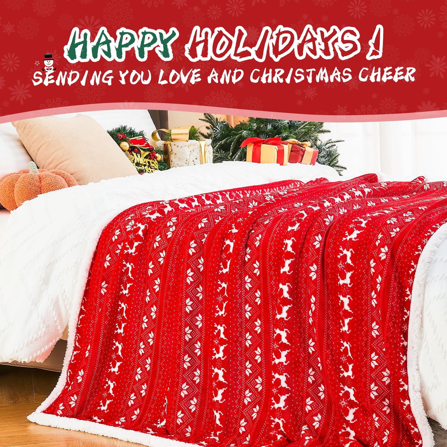Ramees Christmas Throw Blanket, Christmas Decorations Blankets and Throws, Fuzzy Cozy Soft Warm Fleece Sherpa Winter Holiday Blanket for Bed Couch Sofa Reindeer Snowflakes