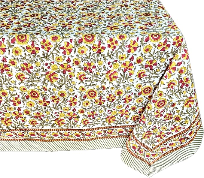 ATOSII Marigold 100% Cotton Spring Summer Tablecloth, Block Print Rectangle Table Cover for Dining, Parties, Weddings, Outdoors, Grand Millenial Decor 60 X 108 Inches I 8 Seater I
