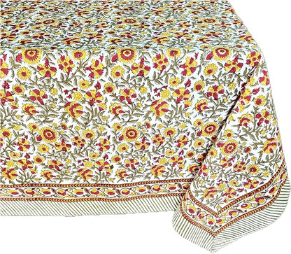 ATOSII Marigold 100% Cotton Spring Summer Tablecloth, Block Print Rectangle Table Cover for Dining, Parties, Weddings, Outdoors, Grand Millenial Decor 60 X 90 Inches I 6 Seater I