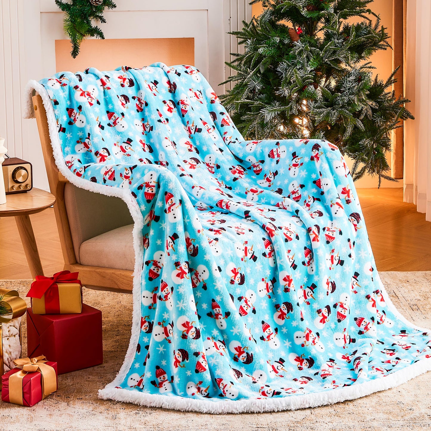 Ramees Christmas Throw Blanket, Christmas Decorations Blankets and Throws, Fuzzy Cozy Soft Warm Fleece Sherpa Winter Holiday Blanket for Bed Couch Sofa Reindeer Snowflakes