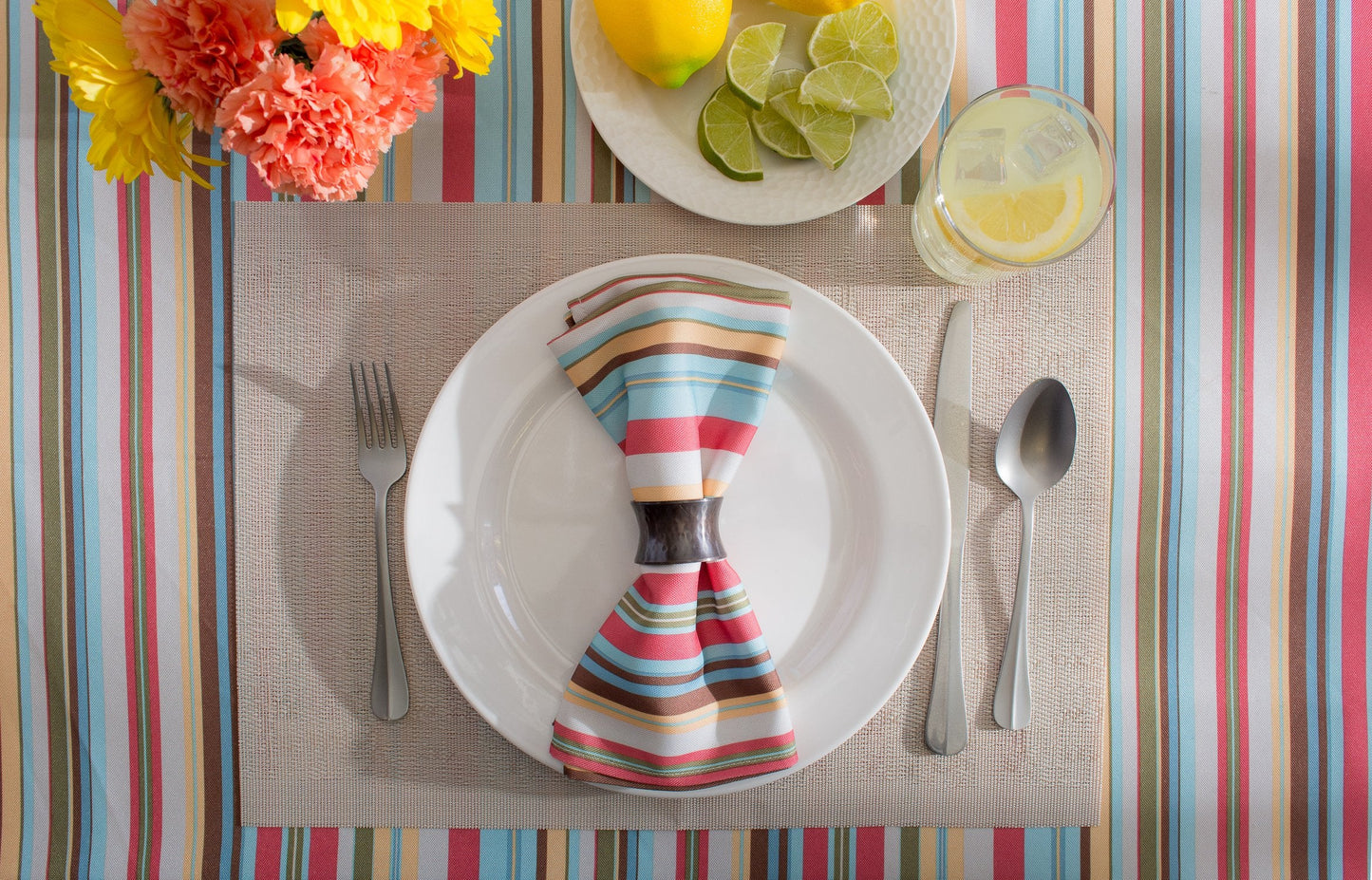 DII 100% Polyester, Spill Proof and Waterproof, Machine Washable, Tablecloth for Outdoor Use, 60x84, Warm Summer Stripe, Seats 6 to 8 People