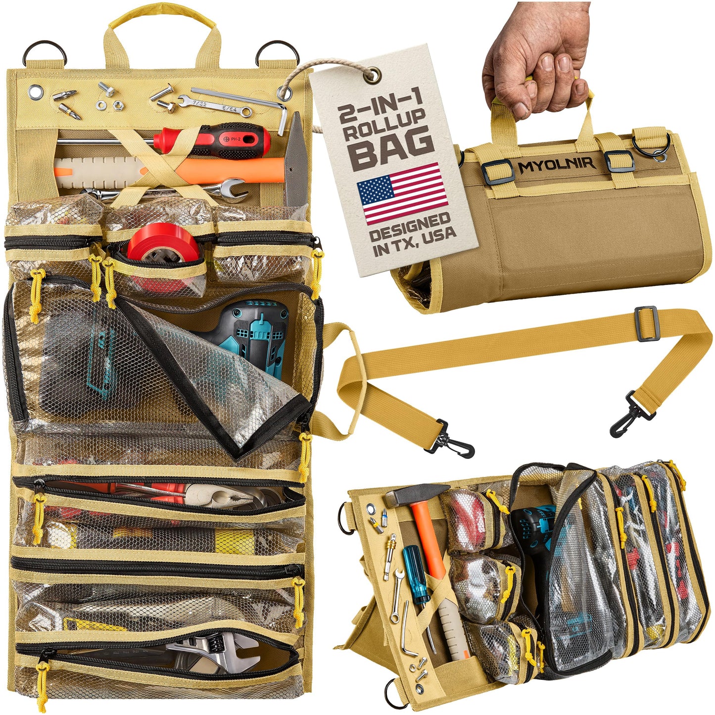 Myolnir Roll Up Tool Bag Organizer With Kickstand - Full-Size 25" Heavy Duty Tool Roll Bag - Portable Rollup Toolbag With Magnetic Panels & Transparent Pockets - Mechanic, Electrician & Tradesperson