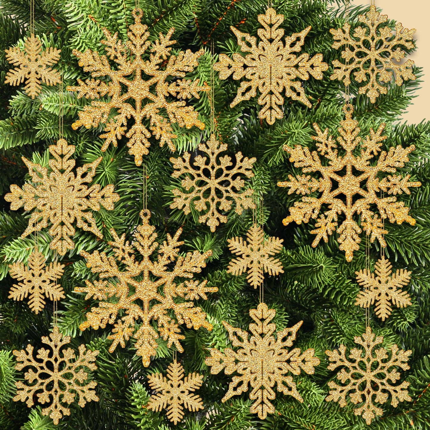 KatchOn, Gold Snowflake Ornaments for Christmas Tree - Large, Pack of 36 | Glitter Snowflake Ornaments | Gold Christmas Tree Decorations | Snowflake Christmas Ornaments, Christmas Hanging Decorations
