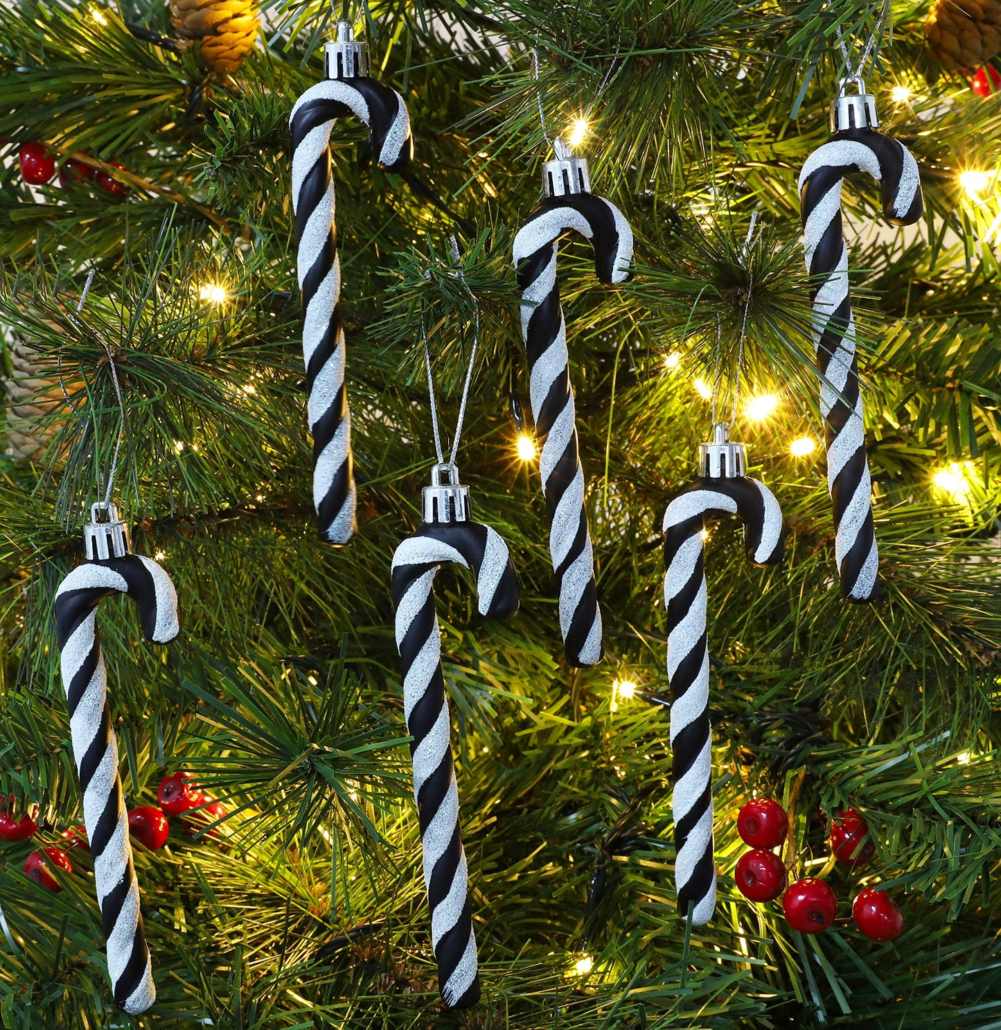 Christmas Concepts® Pack of 6-13cm Glitter Candy Cane Christmas Tree Decorations/Ornaments (Black & White)