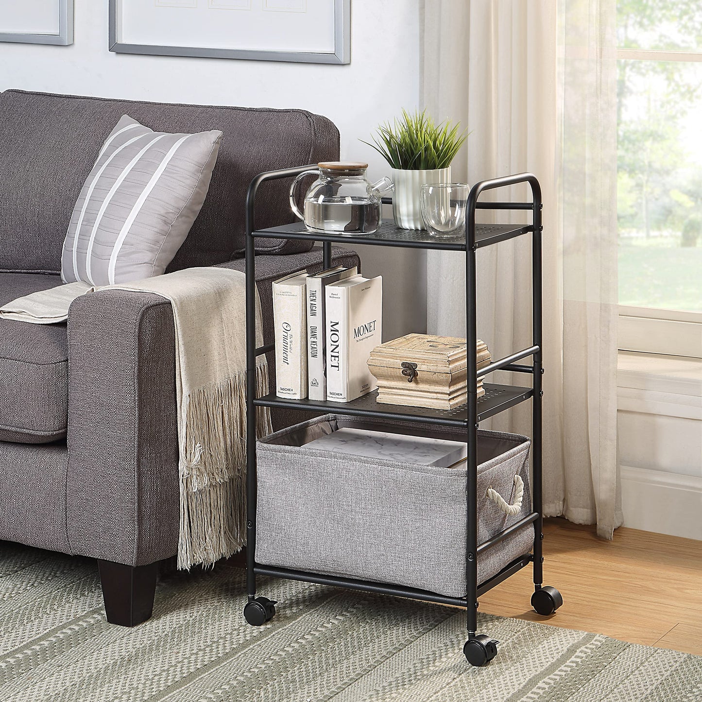 SunnyPoint 3-Tier Rolling Utility Cart – Metal Storage Organizer with Wheels, Mobile Kitchen Cart, Office & Home Organizer, Black, 12" D x 16.92" W x 31.1" H