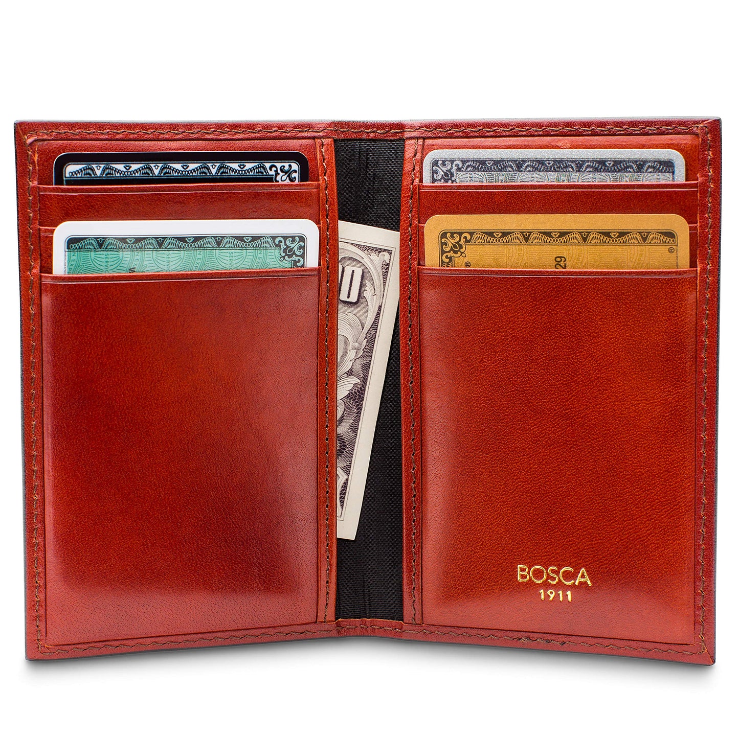 Bosca Men's Leather Card Holder Wallet – Italian Full Grain Vegetable Tanned Credit Card Case – 6 Card Slots, 2 Receipt Wells – Classic Glossy Finish – Gift-Ready Packaging - Cognac Brown
