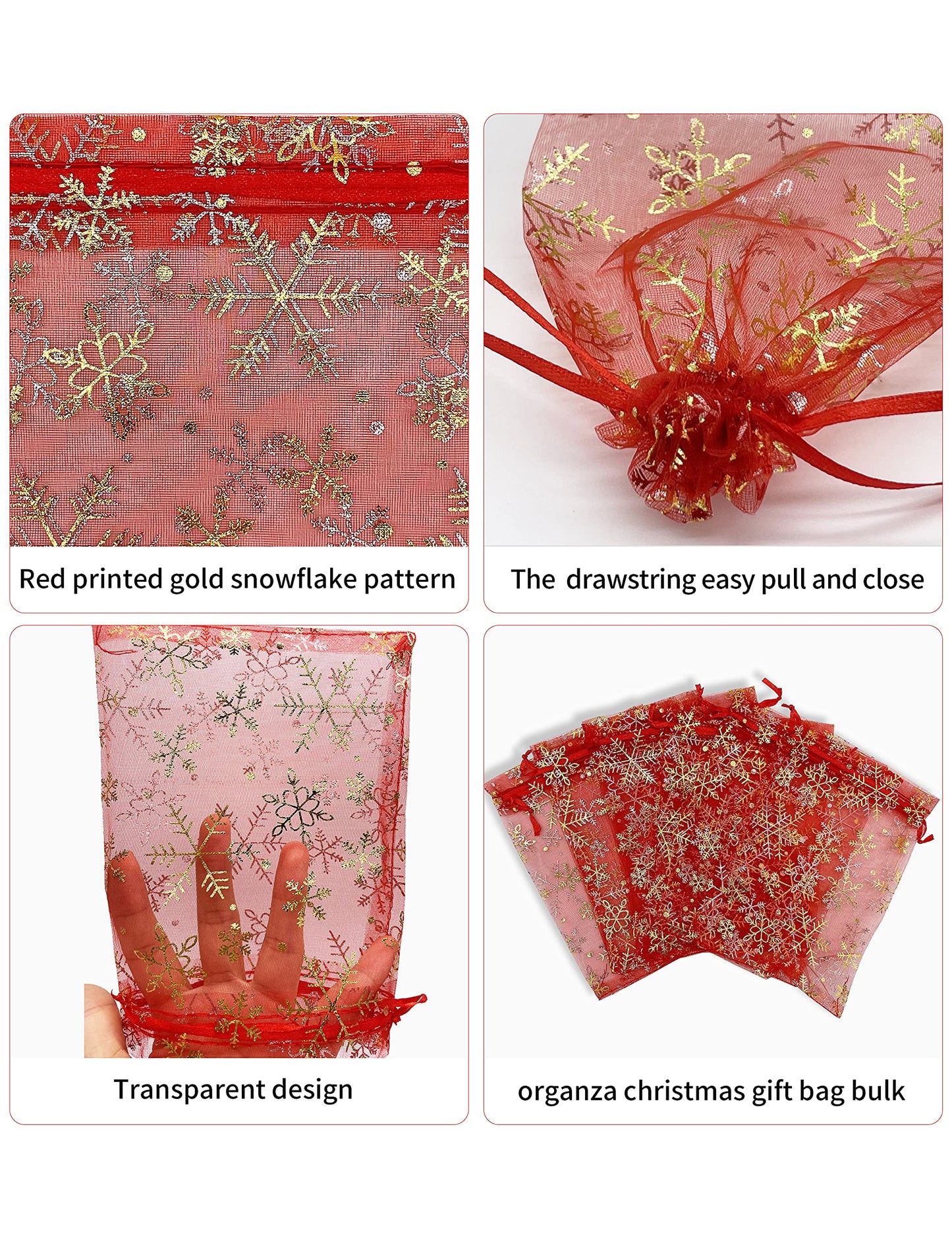 Jexila 100PCS Christmas Organza Bag 5''X7'' Red Snowflake Mesh Drawstring Jewelry Gift Bags for Xmas Wedding Party Favor Treat Bags