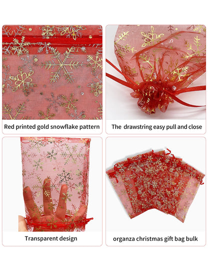 Jexila 100PCS Christmas Organza Bag 5''X7'' Red Snowflake Mesh Drawstring Jewelry Gift Bags for Xmas Wedding Party Favor Treat Bags