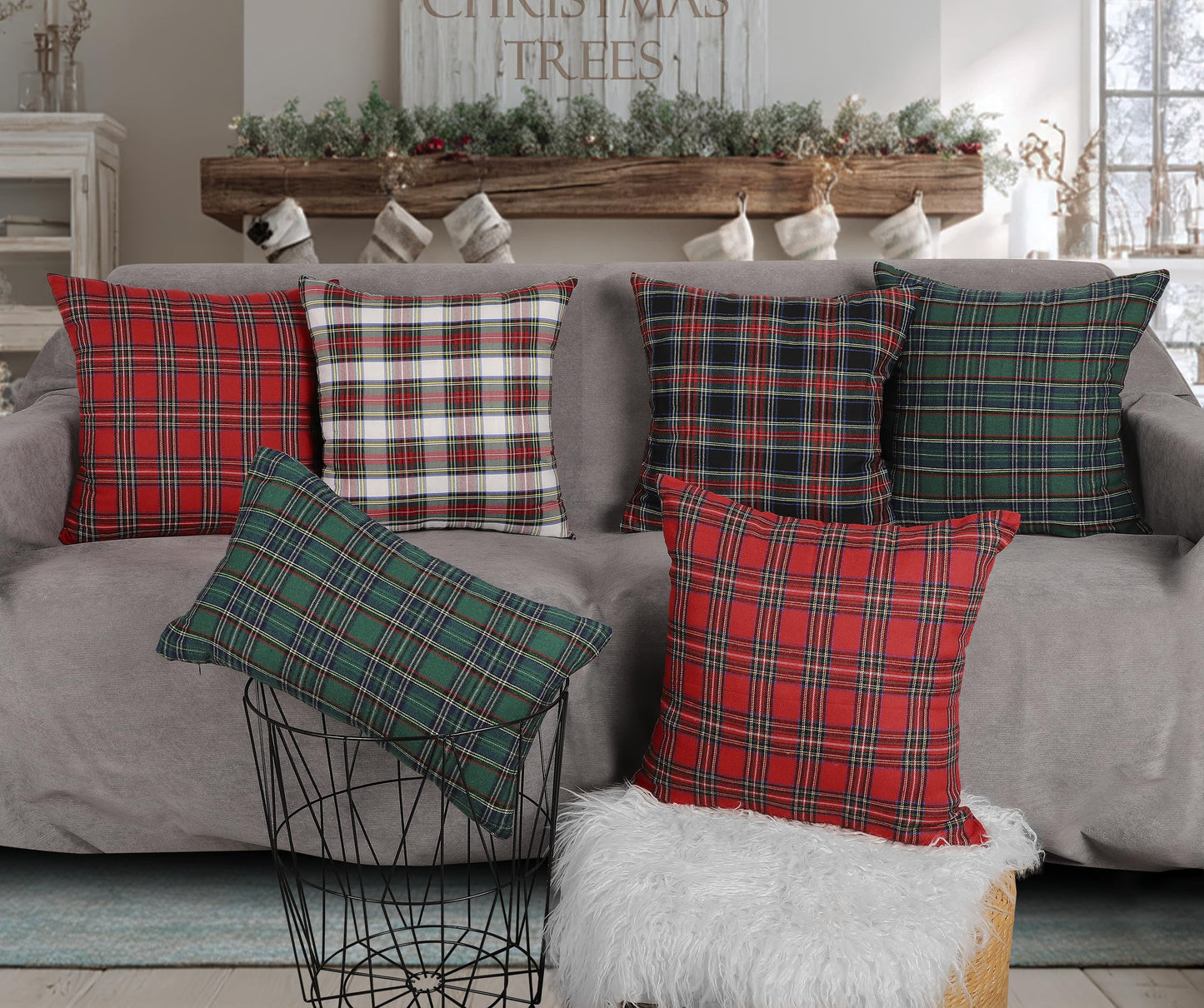 4TH Emotion Set of 2 Christmas Scottish Tartan Plaid Throw Pillow Covers Cushion Case Polyester for Farmhouse Home Decor Red and Green, 18 x 18 Inches
