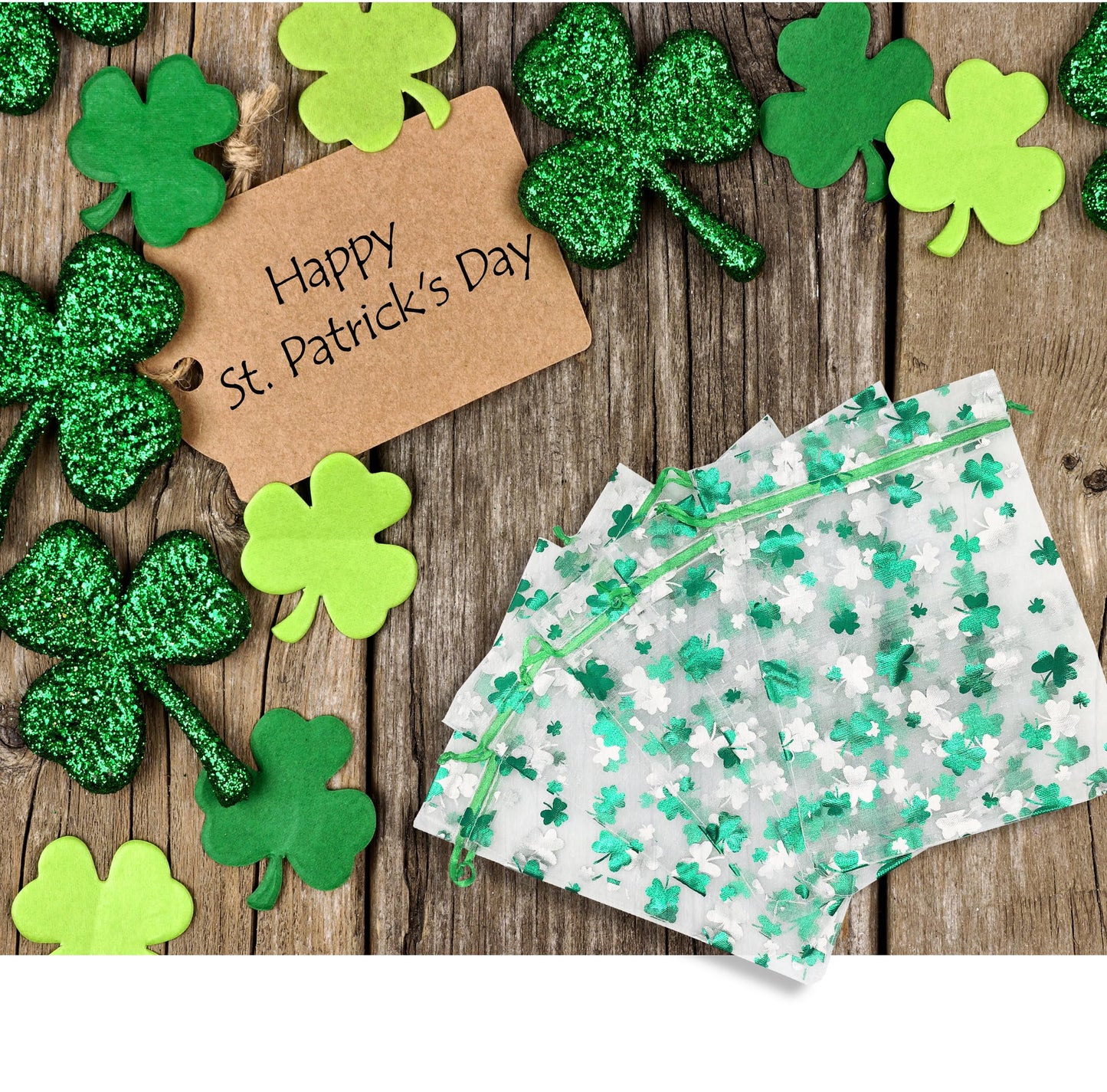 Jexila 50PCS St.Patrick's Day Organza Gift Bags Shamrock Clover Drawstring Goodie Treat Bag St.Patrick's Party Favors for Kids Classroom