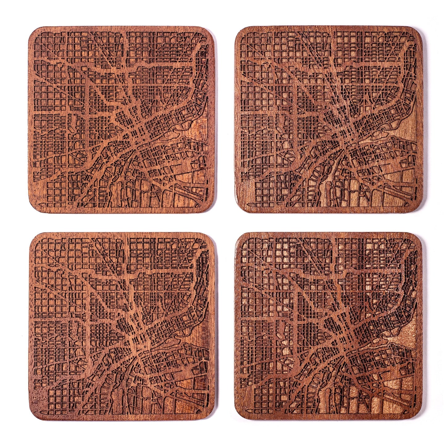 Detroit Map Coaster by O3 Design Studio, Set Of 4, Sapele Wooden Coaster With City Map, Handmade